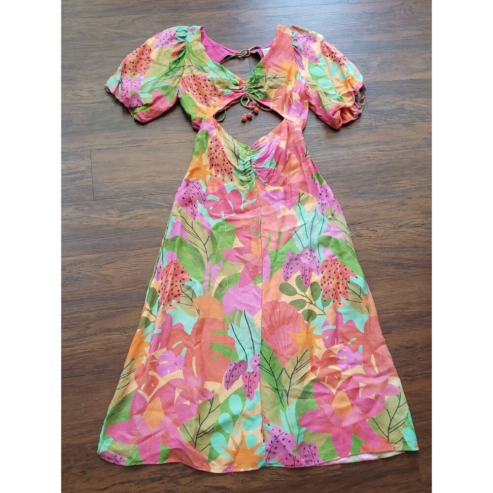 FARM Rio Pink Tropical Maxi Dress Size S Open Back Summer Vacation Boho Flawed